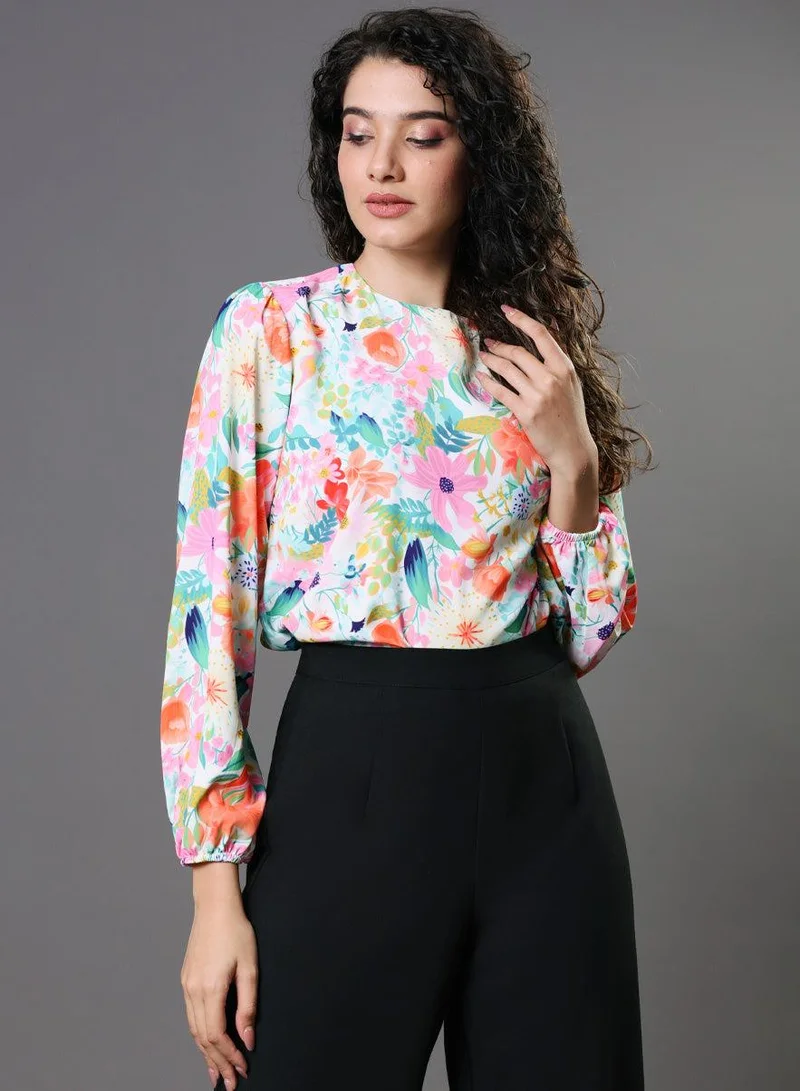 زجزاج Multi Color Floral Elastic Sleeve Top